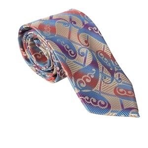 Stacy Adams Mens Necktie Blue Red Purple Gold Geometric Scroll Jacquard Tie